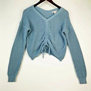 Sincerely Jules Womens Cropped Waffle Knit Sweater Size L Blue Sporty Cozy